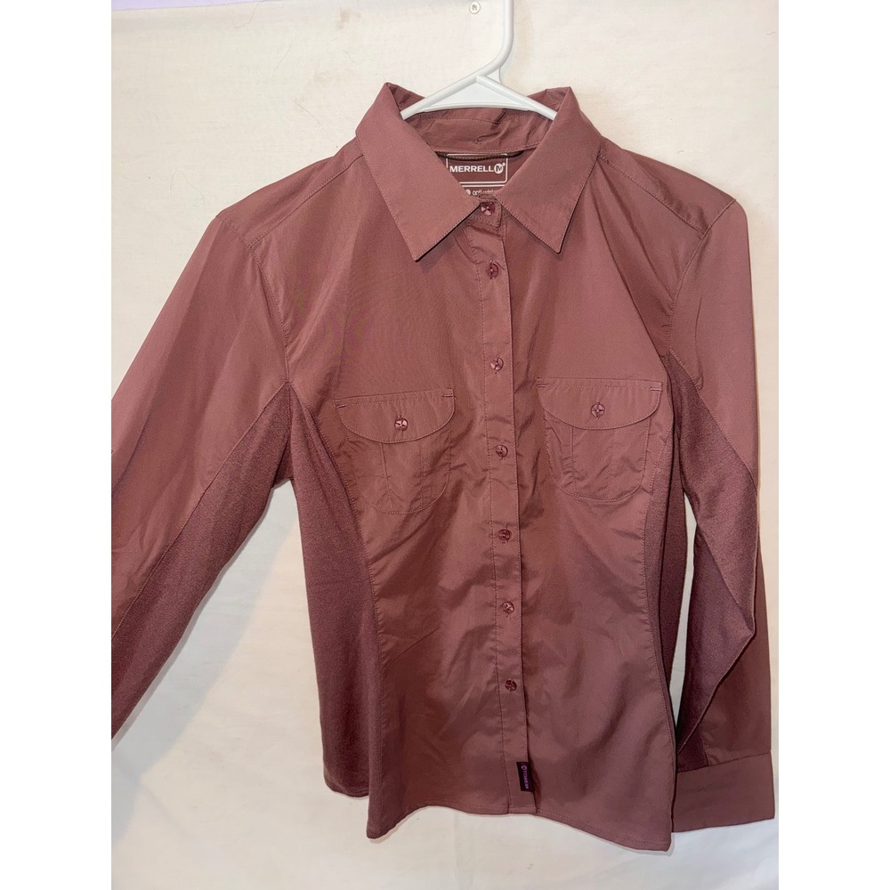 Merrell Opti-Wick Hiking Shirt Womens Small Mauve Plum UPF 30 Long Sleeve Button
